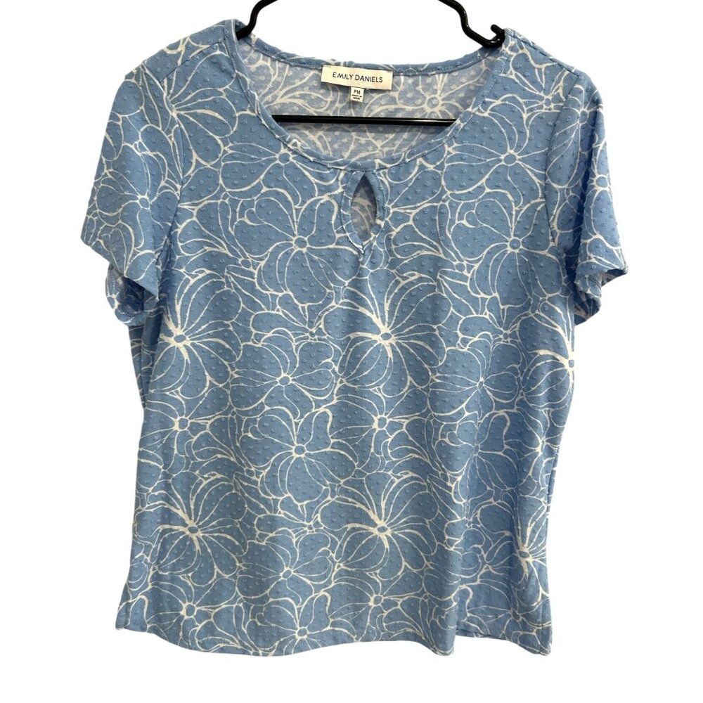 Emily Daniels Blue Floral Textured Short Sleeve Top Sz PM